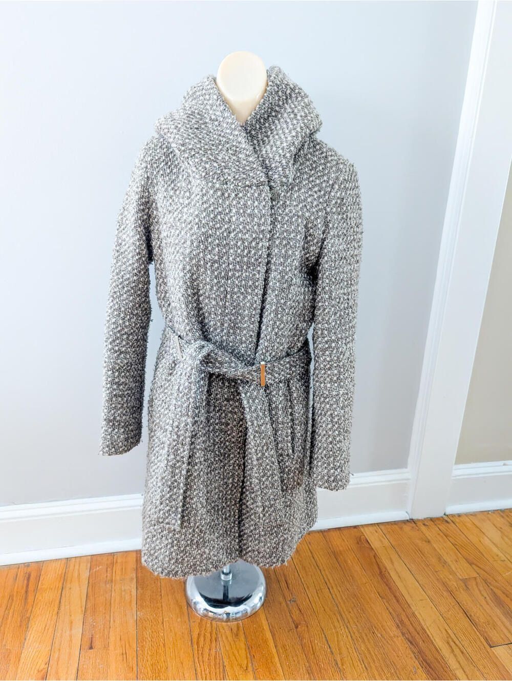 Calvin Klein Textured Knit Wool Belted Coat with High Collar
